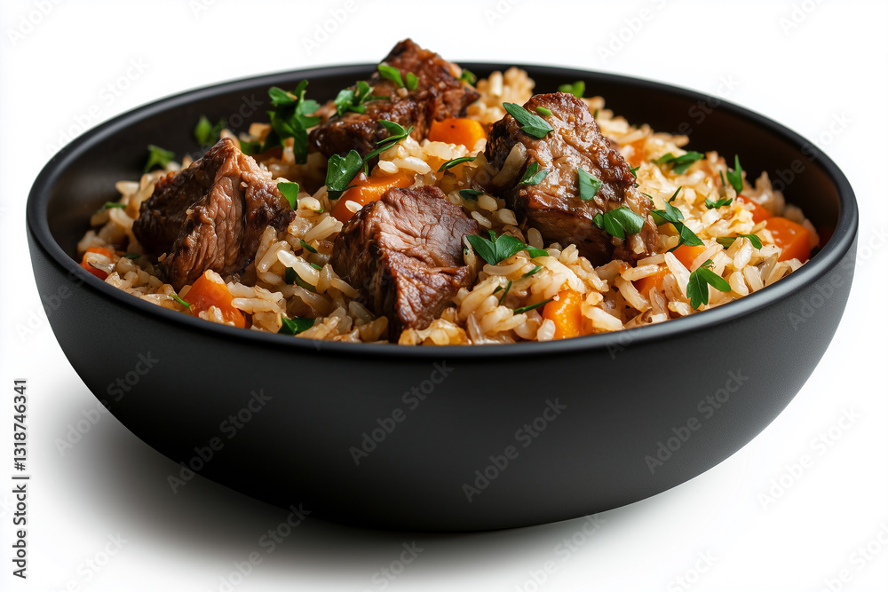 Delicious Uzbek plov with tender lamb and fresh carrots served in a dark bowl Delicious Uzbek plov with tender lamb and fresh carrots served in a dark bowl