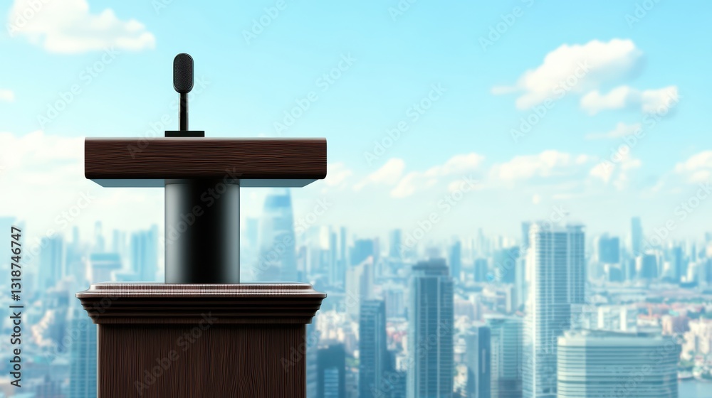 Fototapeta premium Sleek Intelligent Podium with City Skyline and Clear Blue Sky Background for Presentations