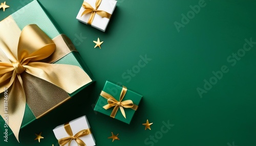 Emerald Green Gift Box with Gold Ribbon on Emerald Green Background. Top View of Gifts for Teachers with Copy Space