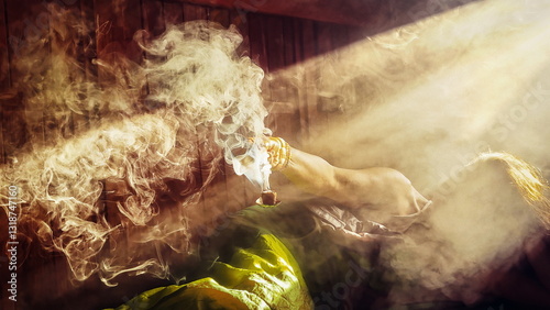 Mysterious light streaming through an old window in a mountain hut at sunrise, the light shines on a woman holding incense