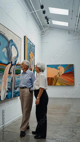 Man and woman pensioners looking at paintings in a gallery