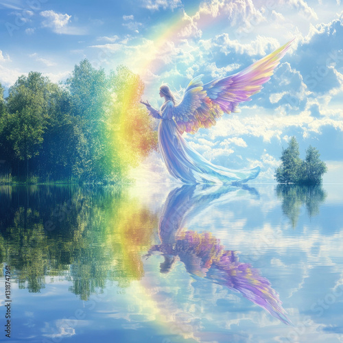 A tranquil scene depicting an ethereal angel with colorful wings standing in calm waters, radiating serenity and hope.