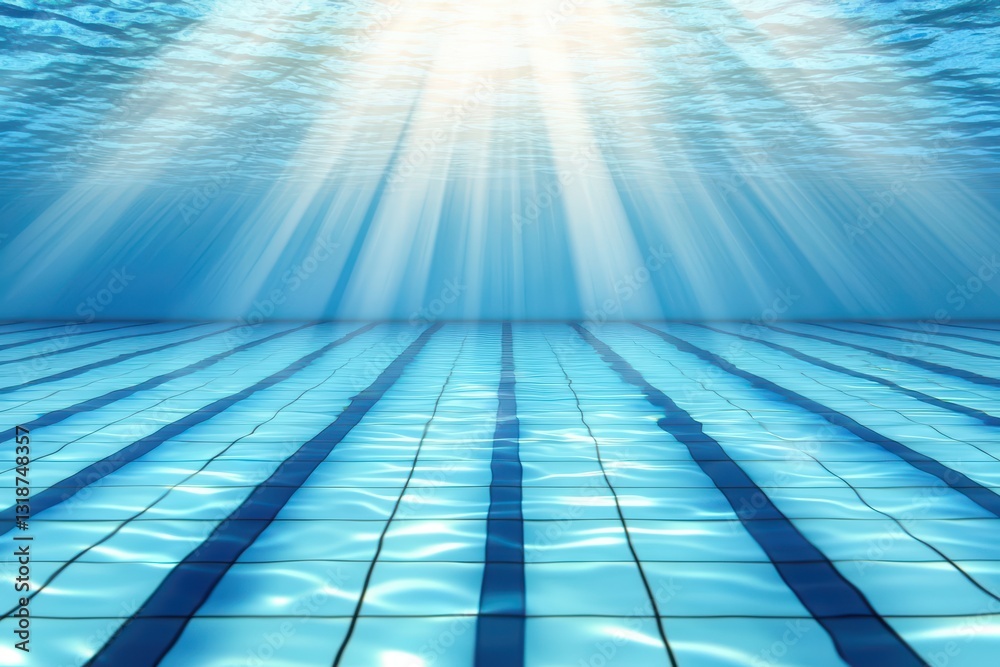 Obraz premium Underwater View of a Transparent Sports Arena Pool with Sunlight Rays and Tile Patterns
