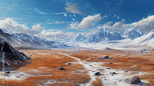 Snowy Mountain Valley Landscape Under a Bright Sky photo