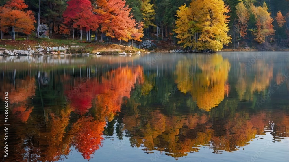 Obraz premium A lake with trees in the background and a reflection of the trees in the water