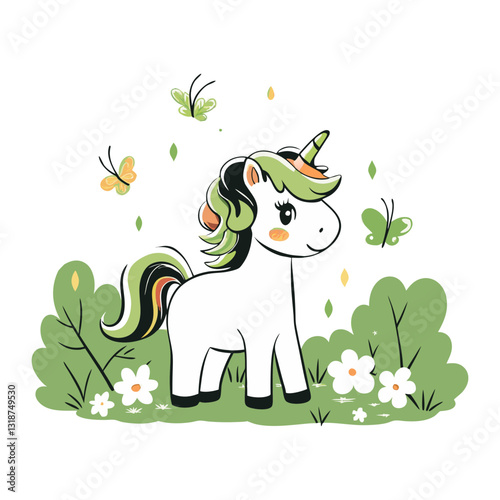 Vector illustration of a cute unicorn with a green and black mane, standing in a lush meadow surrounded by butterflies and flowers in a whimsical, magical theme.