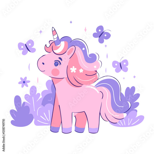 Vector illustration of a cute pastel unicorn with a flowing mane, surrounded by butterflies and flowers in a dreamy, magical, and whimsical setting.