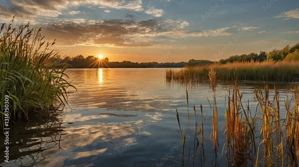 A lake with a sunset in the background
