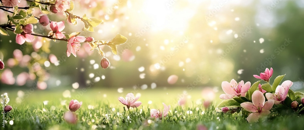 A beautiful field of pink flowers with a bright sun shining down on them A beautiful field of pink flowers with a bright sun shining down on them