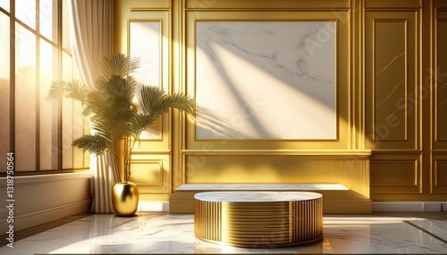 Empty Gold Wall Mockup in Traditional Interior with Marble Top Coffee Table. Natural Daylight From a Window. Promotion Background.