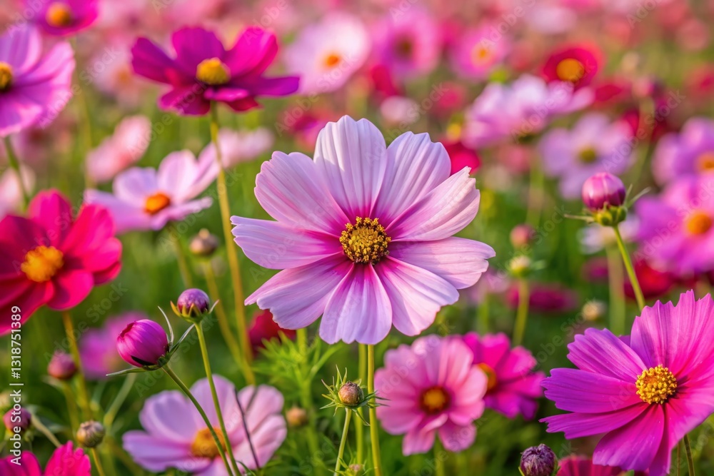 Vibrant Pink Cosmos Flowers Blooming in Spring Summer Garden - Close Up Drone Shot Vibrant Pink Cosmos Flowers Blooming in Spring Summer Garden - Close Up Drone Shot