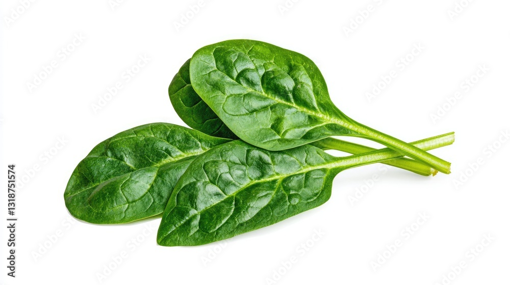A leafy fresh spinach leaf with rich green color on a clean white background, offering space for text. A leafy fresh spinach leaf with rich green color on a clean white background, offering space for text.