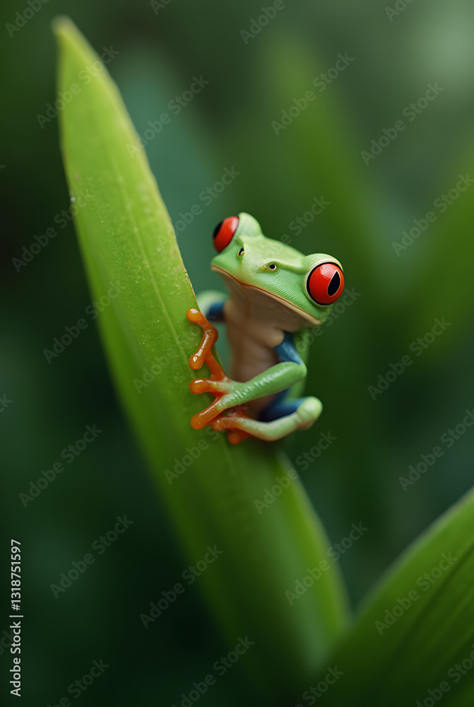 Obraz premium A little green frog with red eyes resting on a large leaf, surrounded by lush forest greenery and vibrant nature in the background.