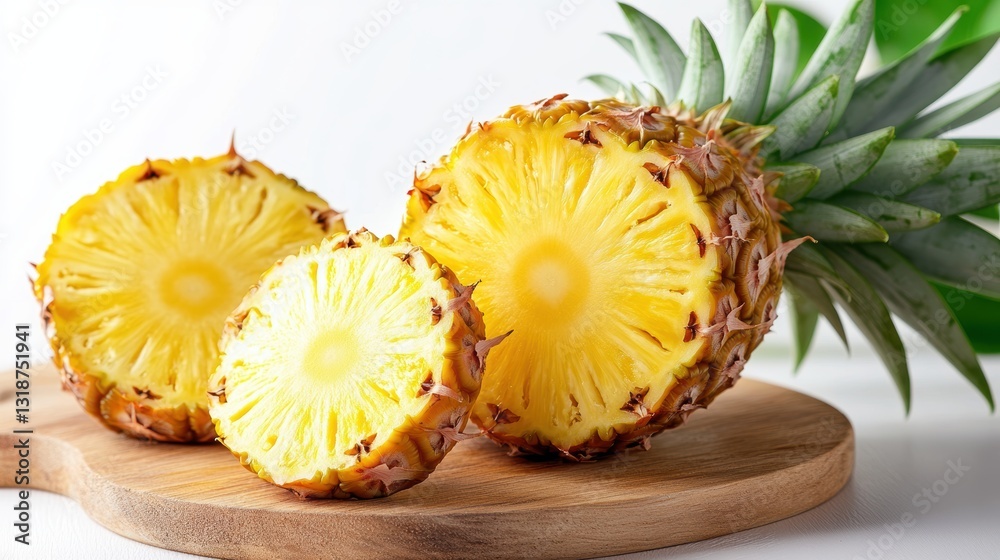 Juicy Pineapple Slices on Wooden Board - Bright colors Juicy Pineapple Slices on Wooden Board - Bright colors