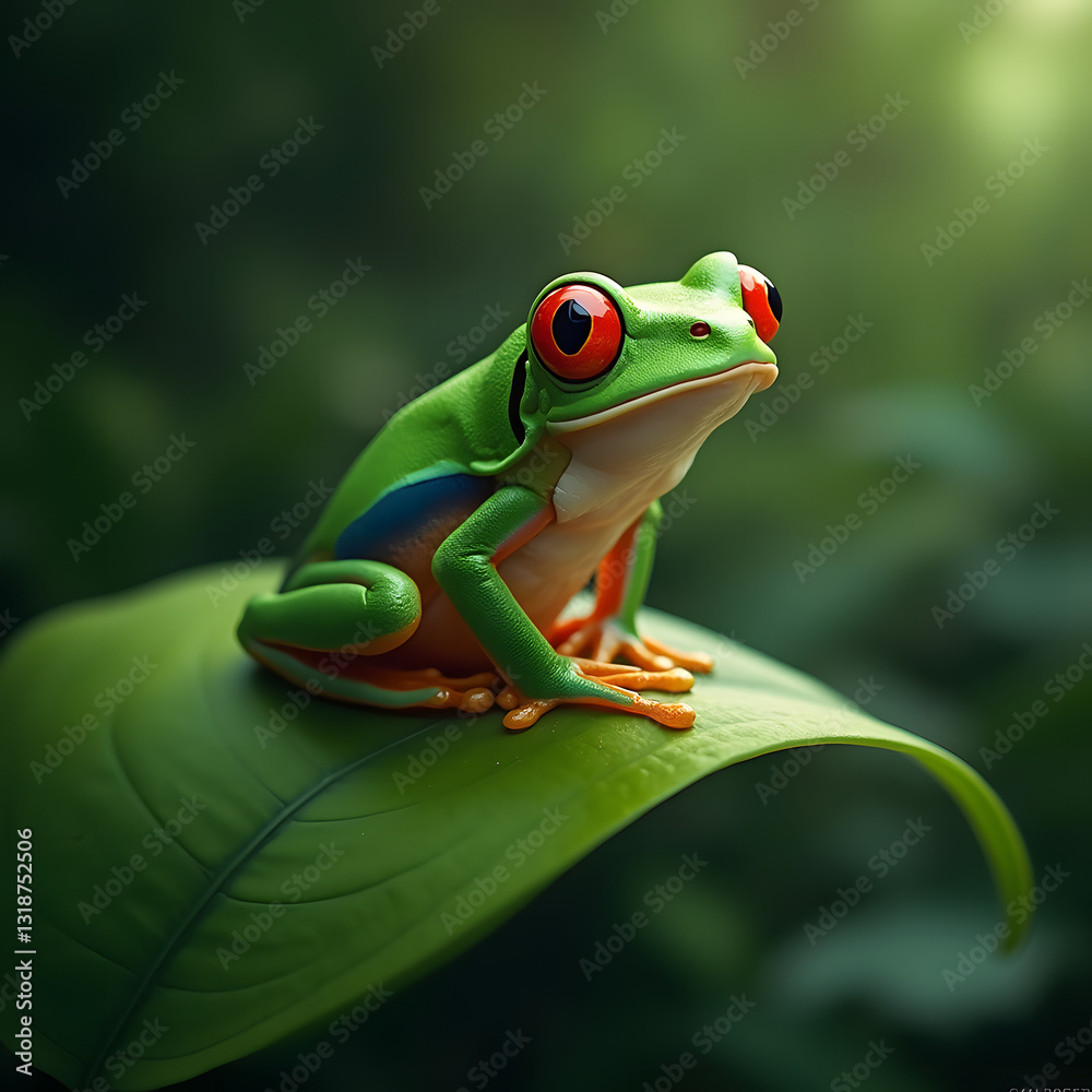 A little green frog with red eyes resting on a large leaf, surrounded by lush forest greenery and vibrant nature in the background. A little green frog with red eyes resting on a large leaf, surrounded by lush forest greenery and vibrant nature in the background.