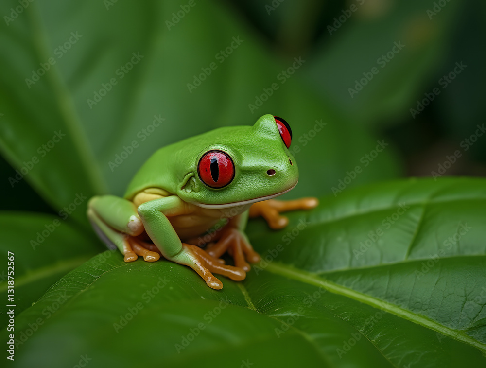 Obraz premium A little green frog with red eyes resting on a large leaf, surrounded by lush forest greenery and vibrant nature in the background.