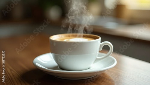 Wallpaper Mural White ceramic cup filled with steaming hot coffee and frothy milk on a kitchen counter, cup, brown Torontodigital.ca