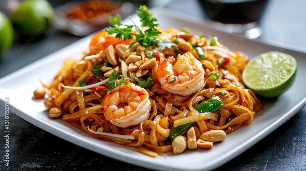 A perfectly cooked Thai pad thai with shrimp, peanuts, lime, and fresh bean sprouts on a white plate. A perfectly cooked Thai pad thai with shrimp, peanuts, lime, and fresh bean sprouts on a white plate.