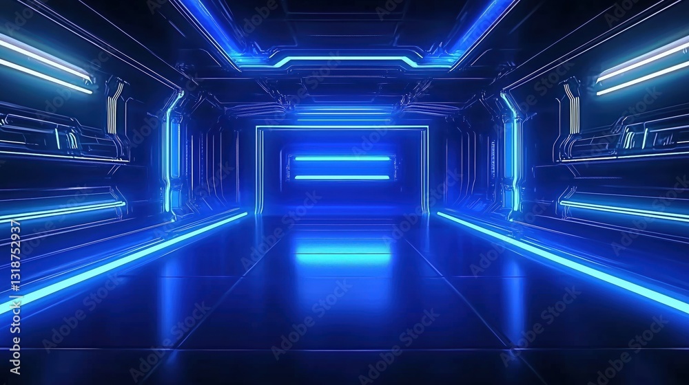 Futuristic Neon Room with Glowing Blue Lights and Sleek Textures Evoking a Sense of Innovation Futuristic Neon Room with Glowing Blue Lights and Sleek Textures Evoking a Sense of Innovation