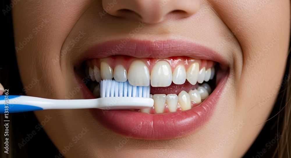 Fototapeta premium Close-up of a Woman Brushing her Teeth with a Toothbrush, Maintaining Oral Hygiene and Healthy Smile