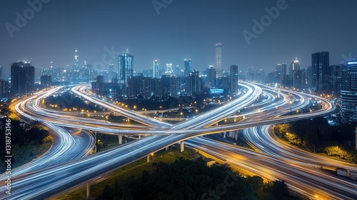 Aerial view of a high speed futuristic transportation hub with multiple levels of highways overpasses and interchanges surrounded by a vibrant modern cityscape at night