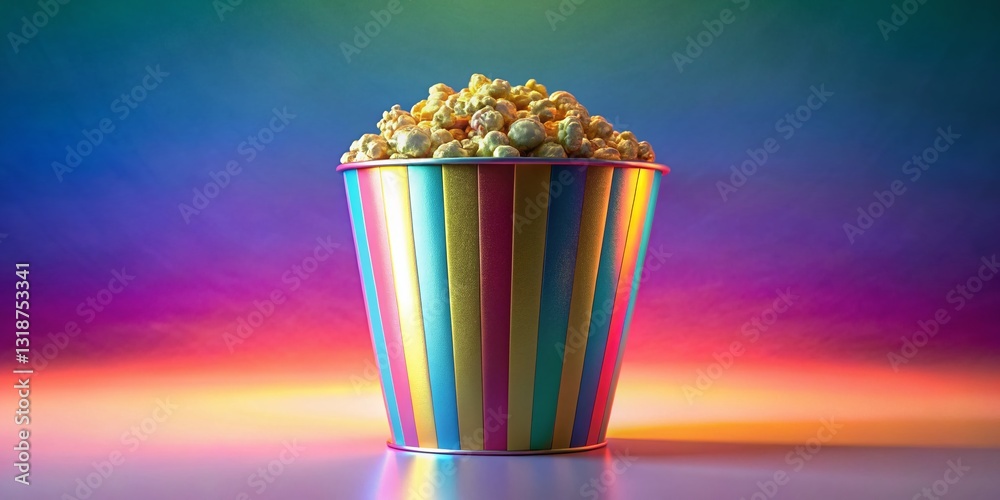 Vibrant Rainbow Gradient Popcorn Bucket with Gold Reflections - Centered Symmetry Stock Photo Vibrant Rainbow Gradient Popcorn Bucket with Gold Reflections - Centered Symmetry Stock Photo