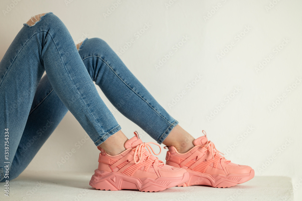 detail of sitting woman wearing pink trainers and jeans