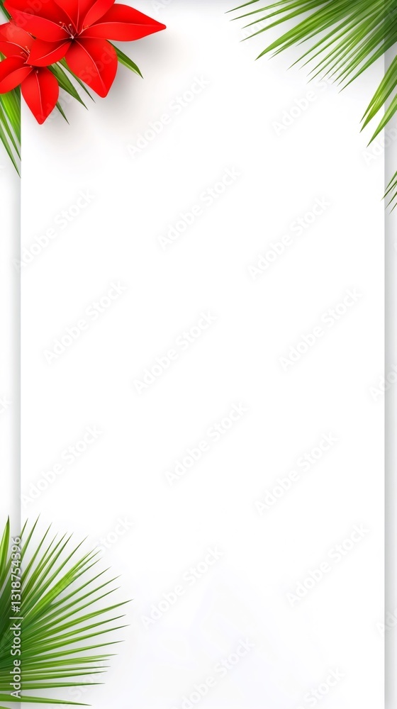 Obraz premium Vertical white blank background framed by red lilies and palm tree leaves creating a tropical summer vibe