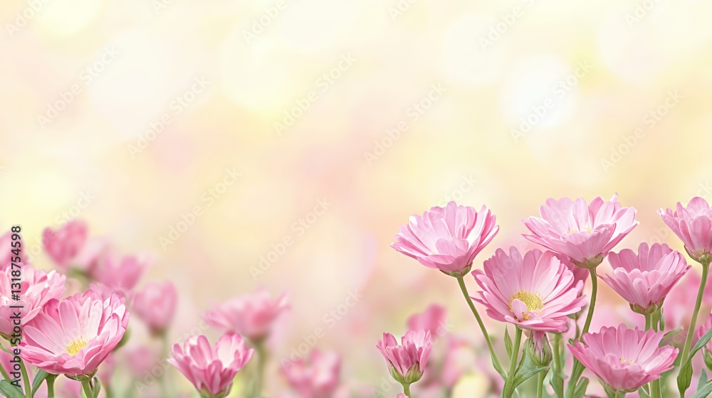 Pink Cosmos Flowers in Soft Focus with Blurred Pastel Background Pink Cosmos Flowers in Soft Focus with Blurred Pastel Background