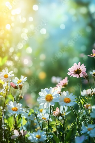 A field of white flowers with a bright blue sky in the background