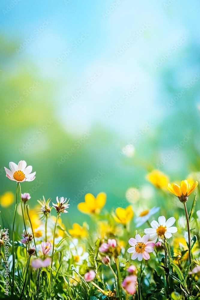 Fototapeta premium A field of flowers with a blue sky in the background