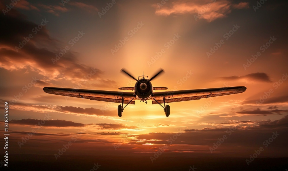 A classic airplane soars into a vibrant sunset, wings silhouetted against the colorful clouds. A classic airplane soars into a vibrant sunset, wings silhouetted against the colorful clouds.