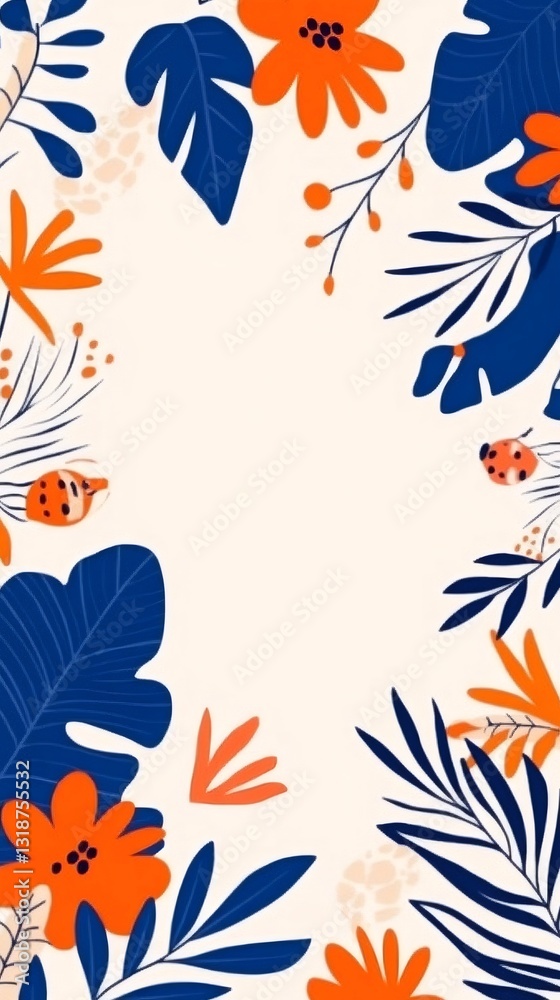 Fototapeta premium Tropical frame made of orange and blue flowers and leaves over a light beige background
