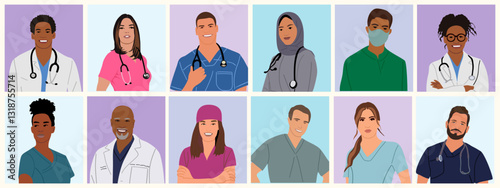 Diverse Multiethnic doctor, nurses avatars. Medical team, healthcare personnel, female male hospital staff vector character faces. Multiracial Medic workers in uniform scrubs with stethoscopes, masks.