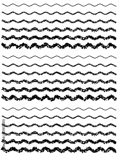 Set of hand painted pastel crayon Abstract wavy thin line. Squiggle elements banner. Pattern with scribble, wiggle and undulate. Vector isolated illustration.Suitable length for desktop computers.