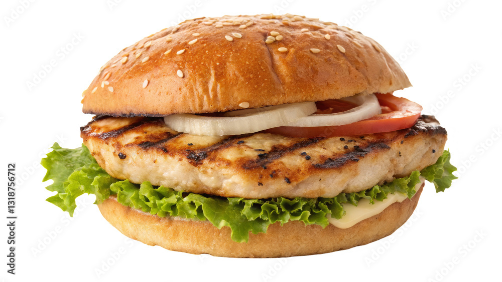 Grilled chicken burger isolated on a transparent background, Generative AI. Grilled chicken burger isolated on a transparent background, Generative AI.