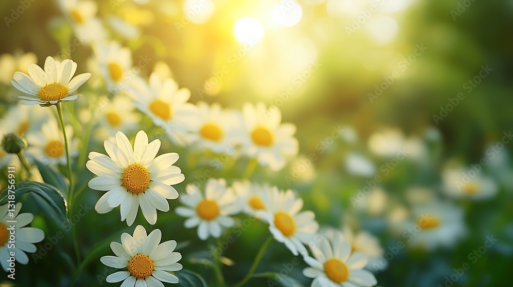 Fototapeta premium A field of white daisies with the sun shining on them