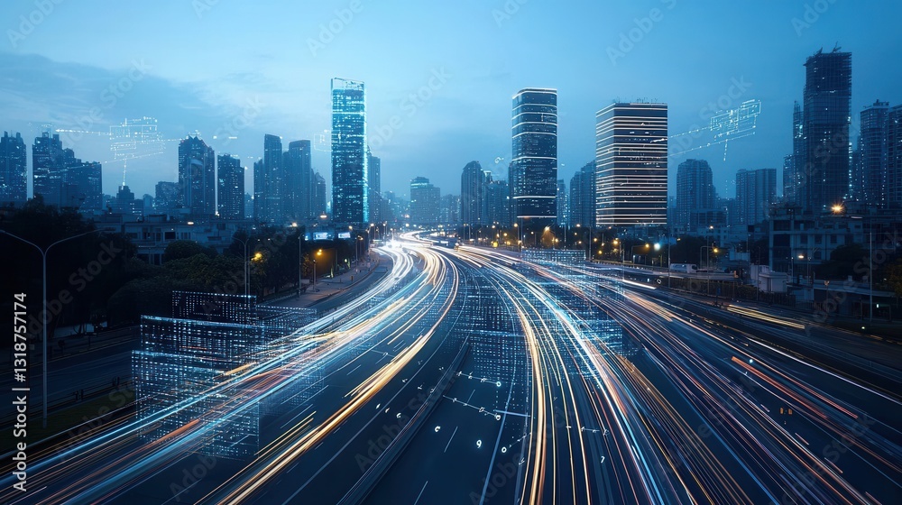 Fototapeta premium Aerial view of a hyper connected smart city skyline at night with skyscrapers highways and traffic lights creating a dynamic futuristic landscape