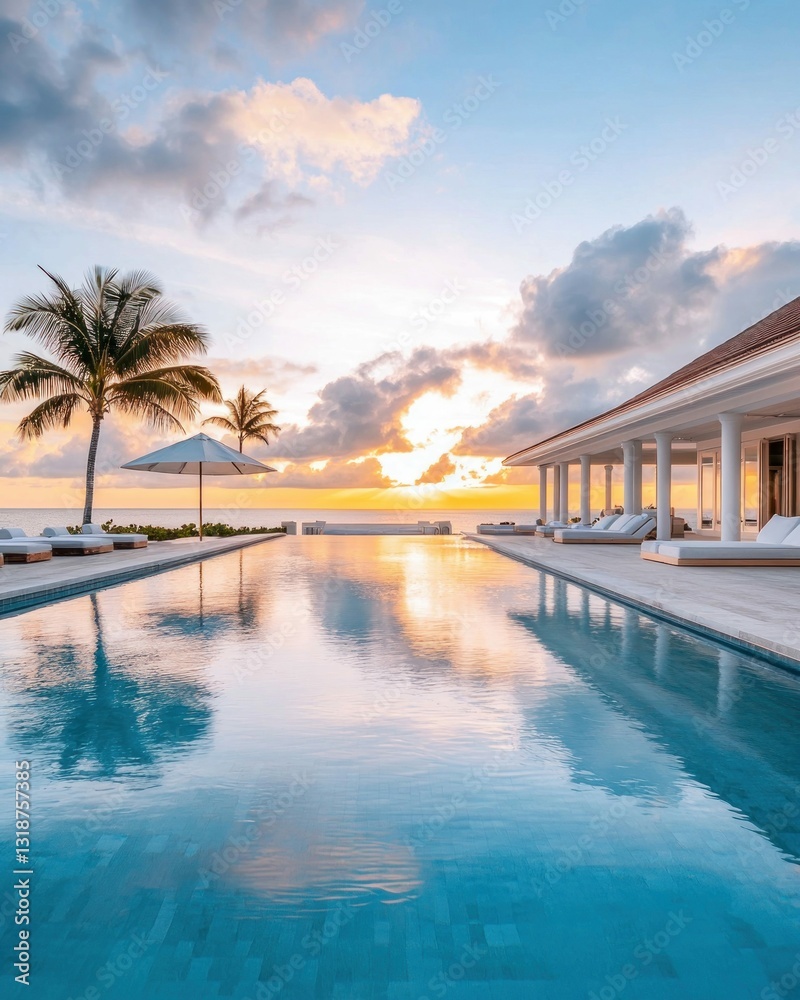 Fototapeta premium Experience a breathtaking sunset view from this luxurious beachfront villa with an infinity pool.