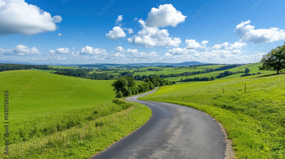 Scenic mountain road with lush green fields and blue skies Scenic mountain road with lush green fields and blue skies