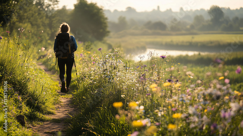 Suffolk Walking Festival, an intimate portrait of a hiker pausing on a trail, capturing the vibrant colors of blooming wildflowers and the tranquil riverside, their joy reflected in their relaxed post