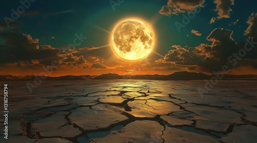 A large, bright yellow moon shines over a desolate, cracked earth.