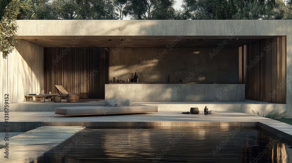 A minimalist Thai outdoor kitchen featuring a floating concrete counter and wooden accents. A minimalist Thai outdoor kitchen featuring a floating concrete counter and wooden accents.