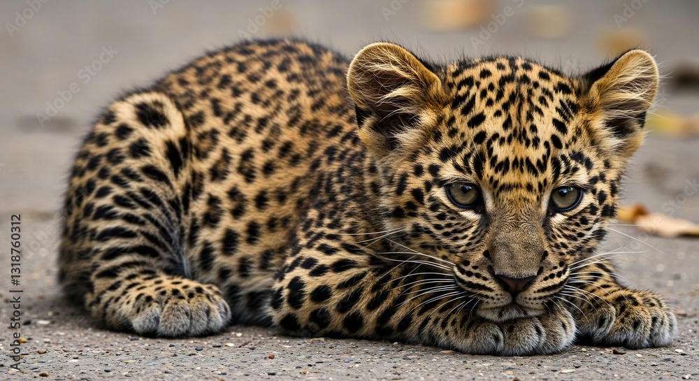 Naklejka premium Adorable leopard cub rests peacefully soft light illuminates its spots. AI Generated