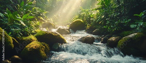 Sunlight streams through a lush forest onto a river cascading over rocks