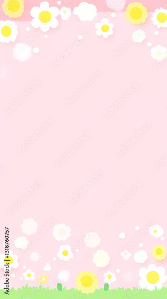 Pink floral background with white flowers and green grass perfect for spring and summer projects Pink floral background with white flowers and green grass perfect for spring and summer projects