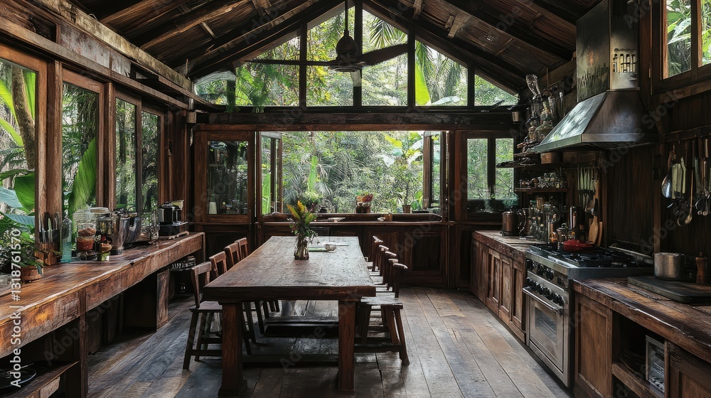 A rustic Thai-style kitchen with a wooden roof structure and well-planned ventilation. A rustic Thai-style kitchen with a wooden roof structure and well-planned ventilation.