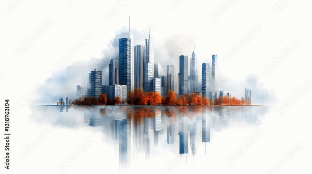 Obraz premium A futuristic city with towering skyscrapers in the sky, reflecting a vibrant urban landscape