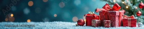 Presents and boxes on a frosted glass Christmas tree, box, bows