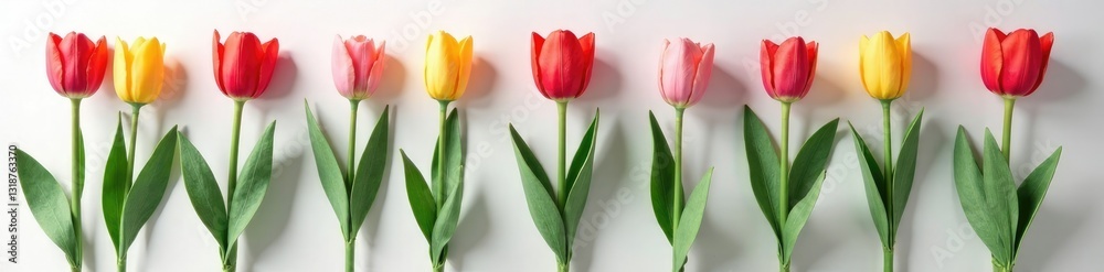 Potted tulips with delicate paper cut leaves and stems, floral arrangement, container gardening Potted tulips with delicate paper cut leaves and stems, floral arrangement, container gardening